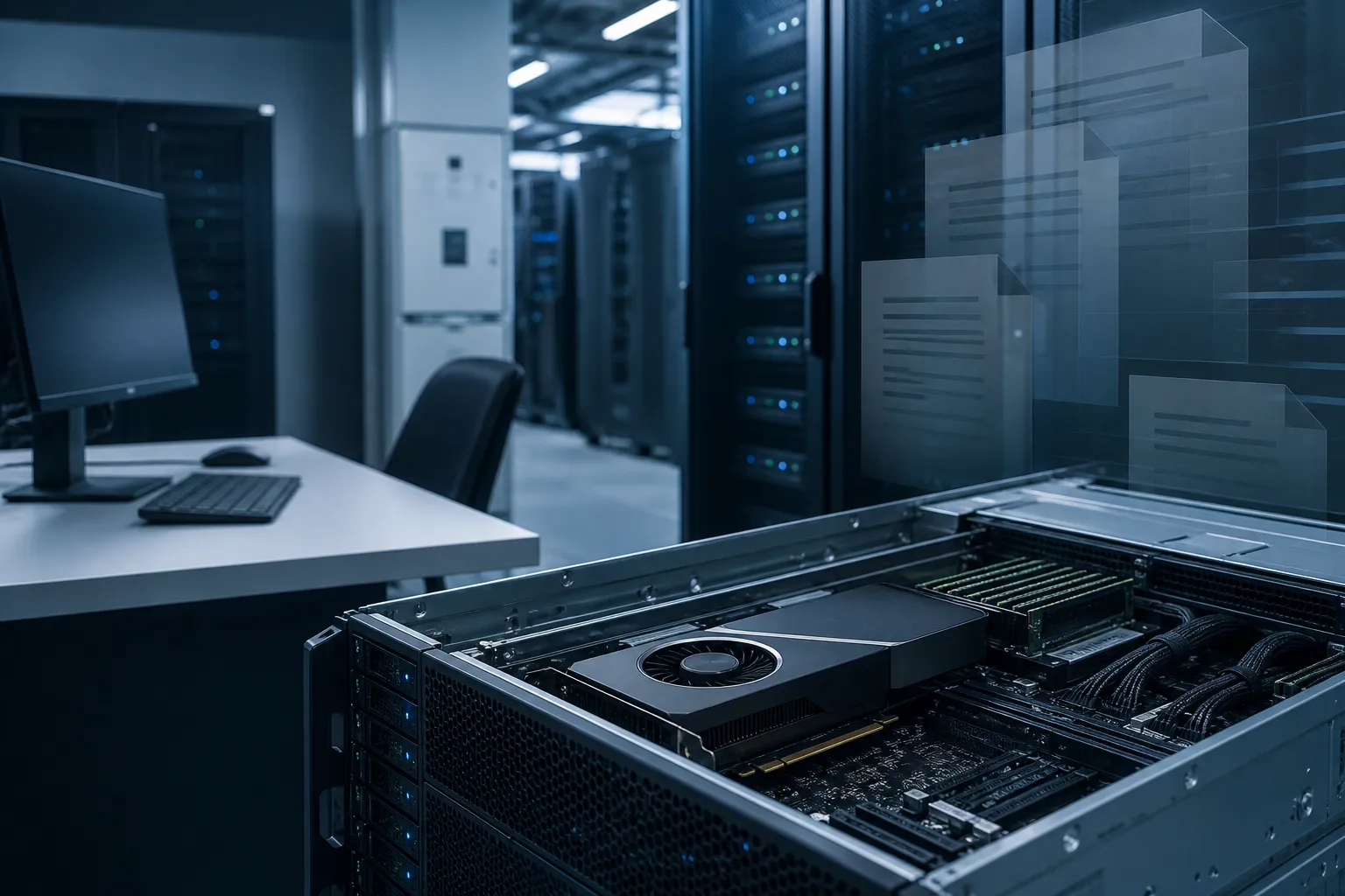 Serverraum mit professionellem GPU-Workstation-Gehäuse — die Hardware-Basis für Ticket-KI auf der eigenen Infrastruktur.