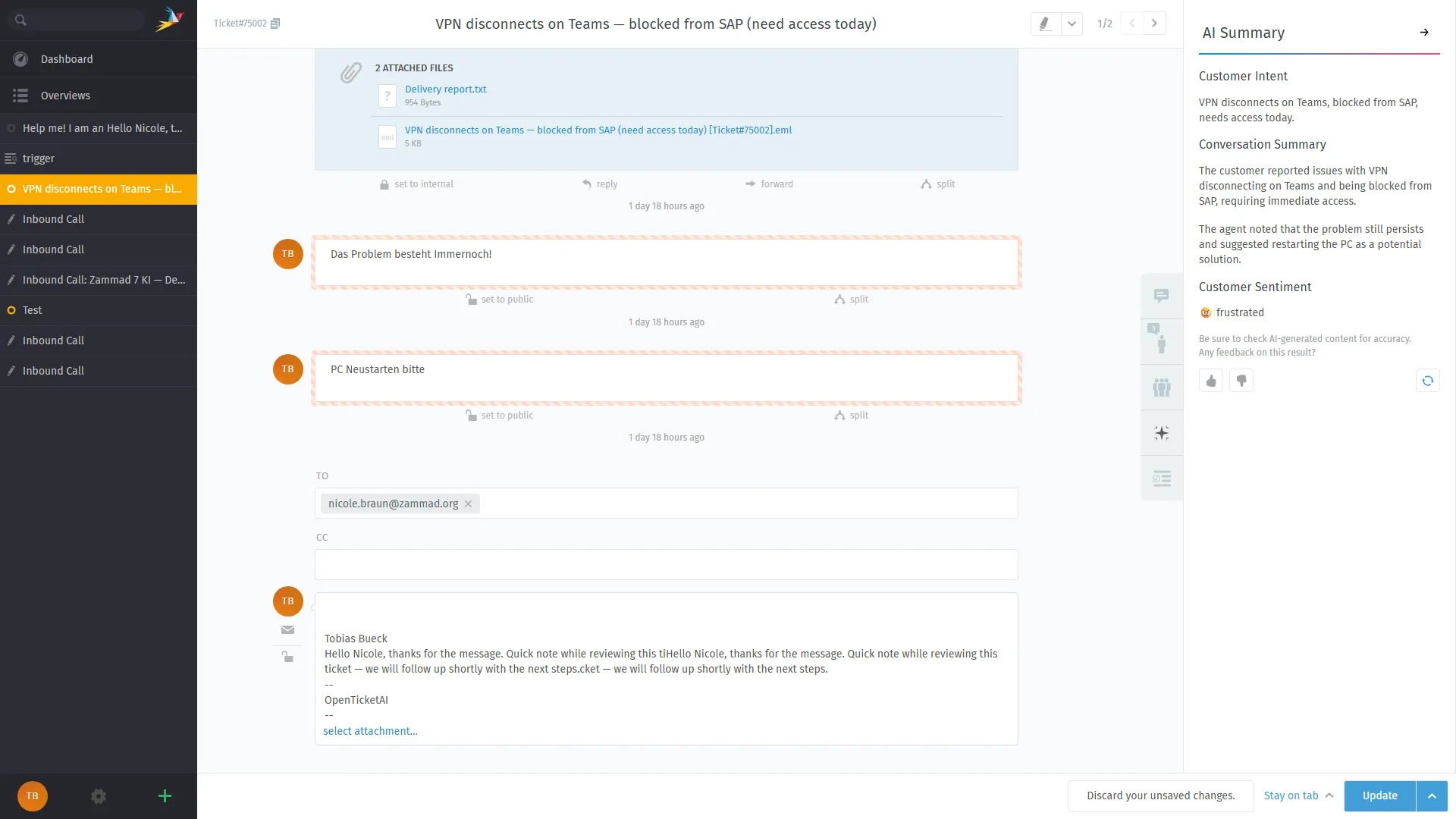 Zammad AI Ticket Summary feature showing condensed conversation view