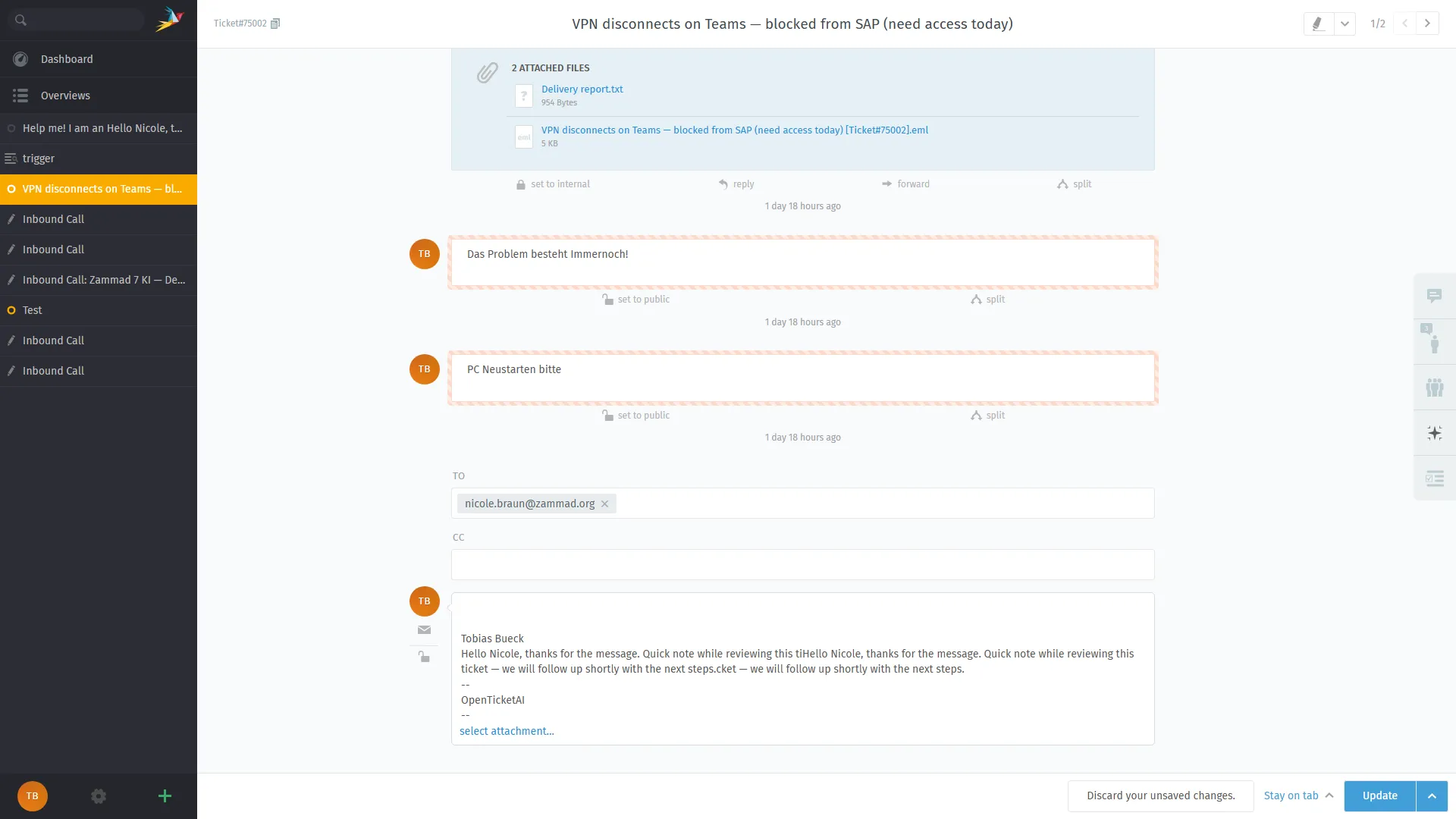 Zammad AI Writing Assistant suggesting reply improvements