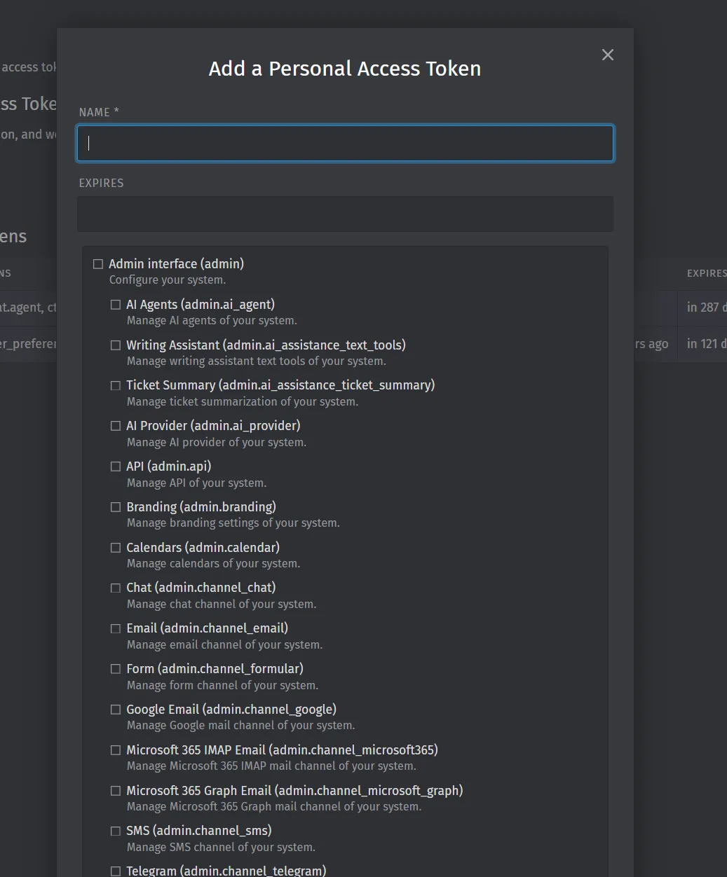 Add a Personal Access Token — name, expiry, and permissions.