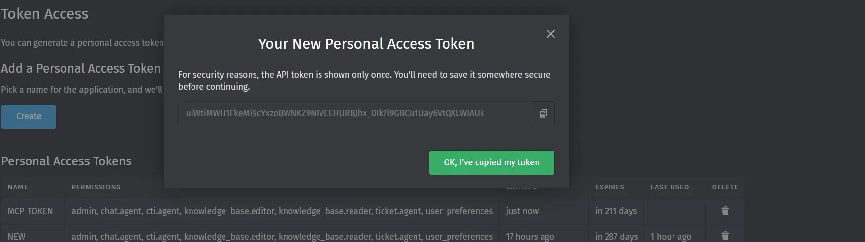 Copy your new personal access token before closing the dialog.