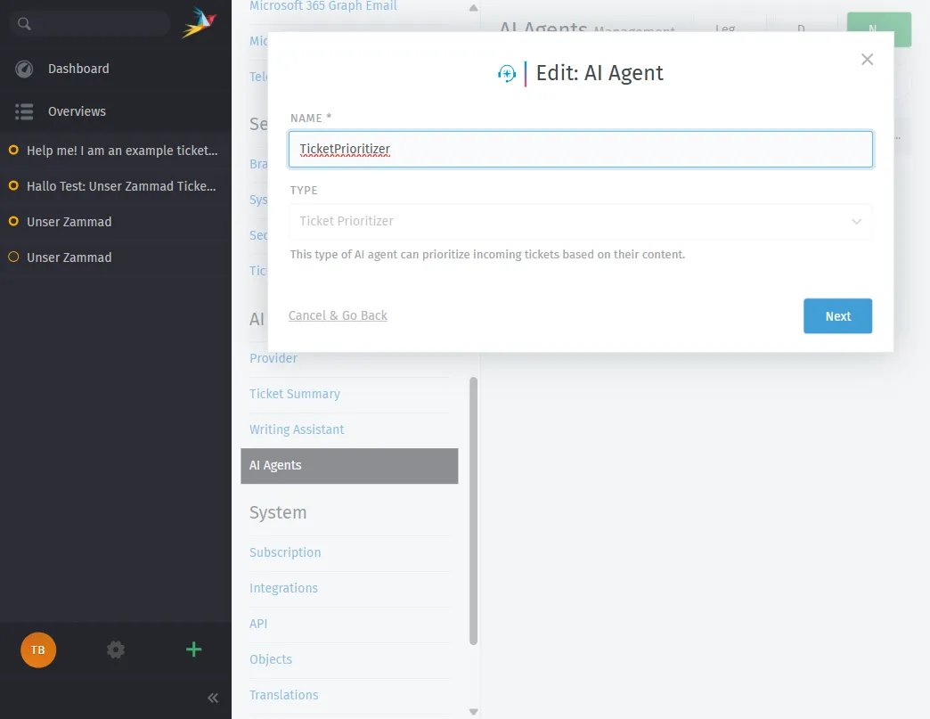 Editing an AI Agent — select agent tone, assign to triggers, and let it run automatically on incoming tickets.