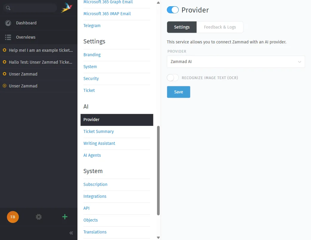 AI Provider settings — choose your LLM provider. Options include Zammad AI, OpenAI, Ollama, Anthropic, Azure AI, Mistral AI, and Custom (OpenAI Compatible).