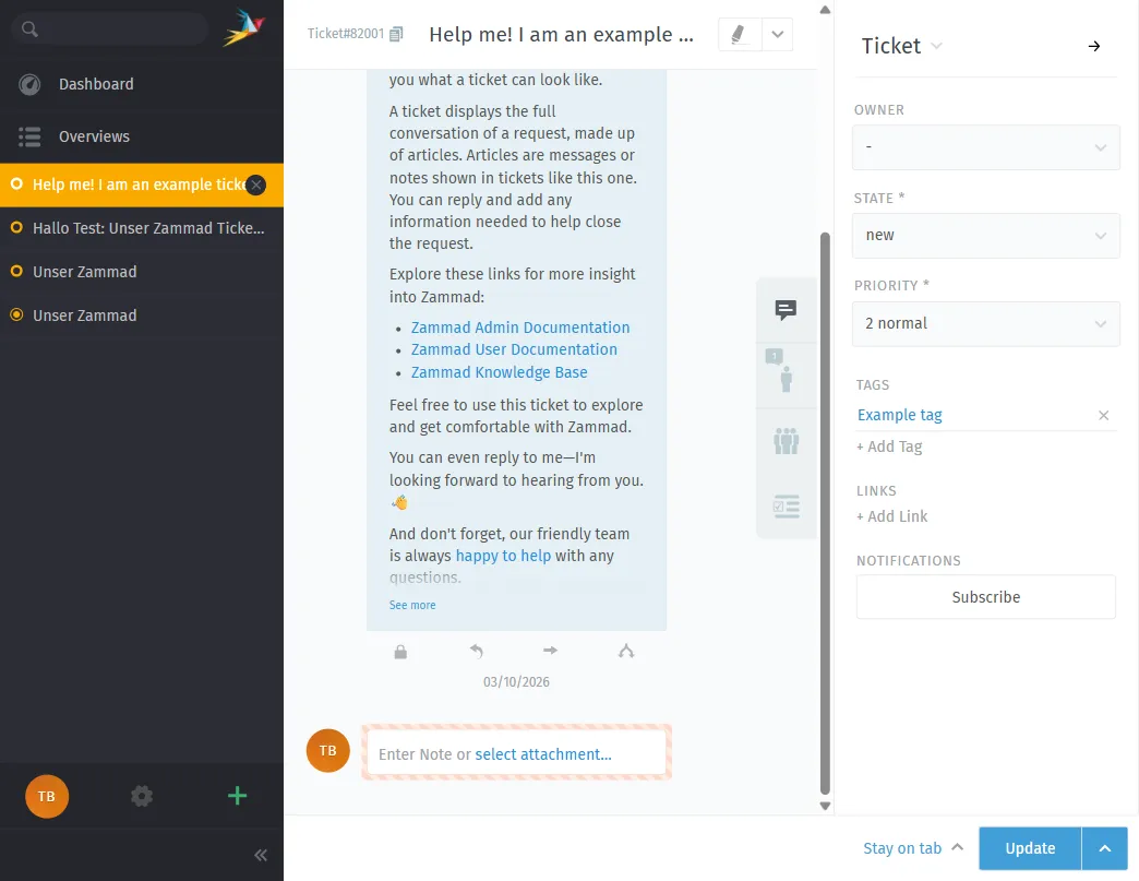 Ticket view in Zammad 7.0 — full conversation thread with article history, priority settings, tags, and the note editor.