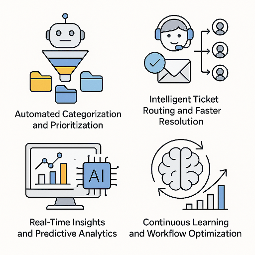 Four illustrated icons showing key features of AI-powered ticketing systems: Automated Categorization and Prioritization (robot filtering folders), Intelligent Ticket Routing and Faster Resolution (support agent headset with routing arrows), Real-Time Insights and Predictive Analytics (monitor displaying AI and analytics graphs), and Continuous Learning and Workflow Optimization (brain with upward growth chart).