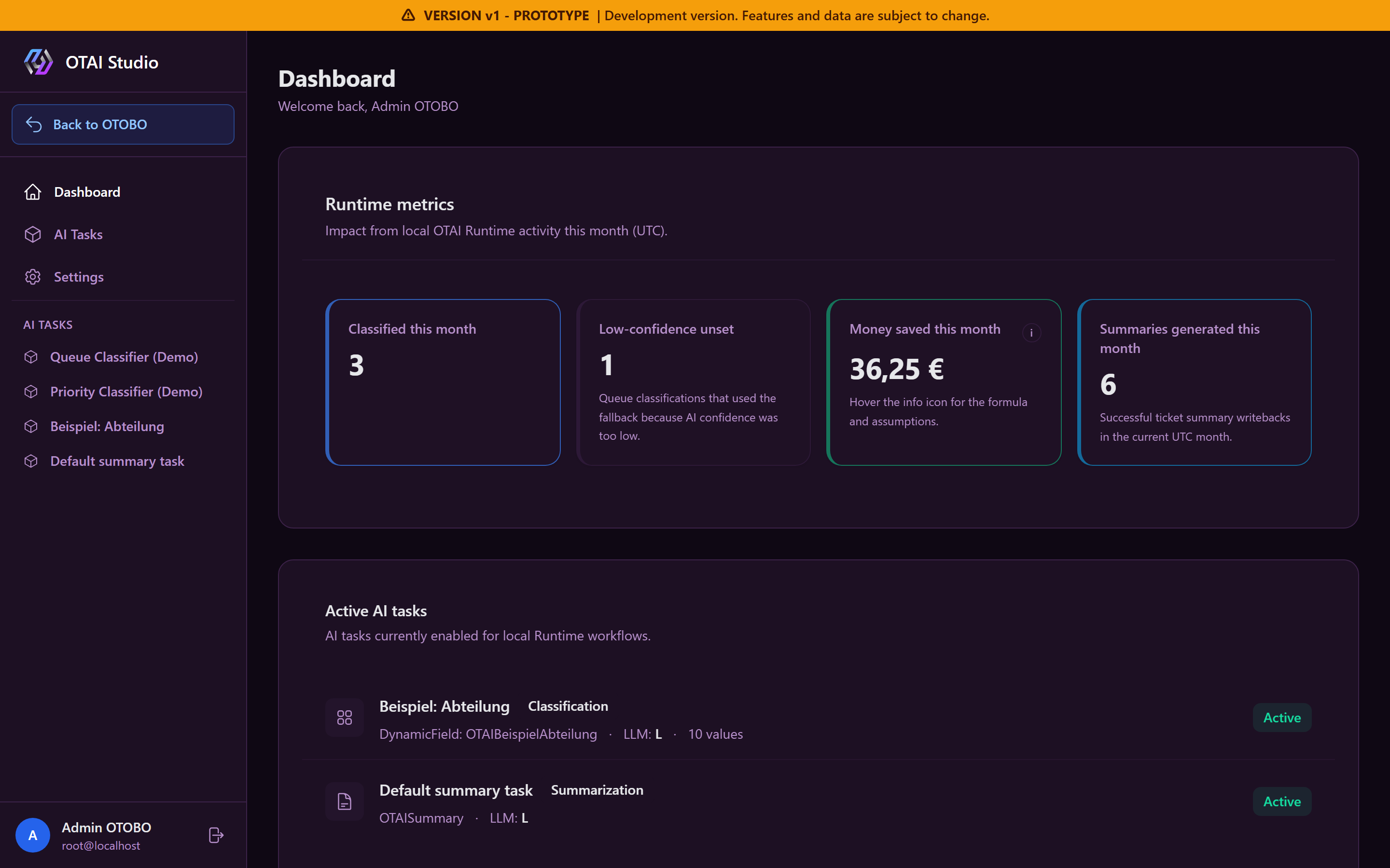 Studio Dashboard with Runtime metrics and active AI tasks