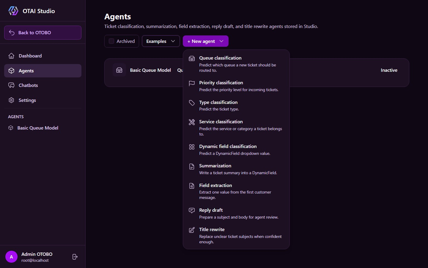 Neuen Klassifizierungs-Agent in OTAI Studio anlegen