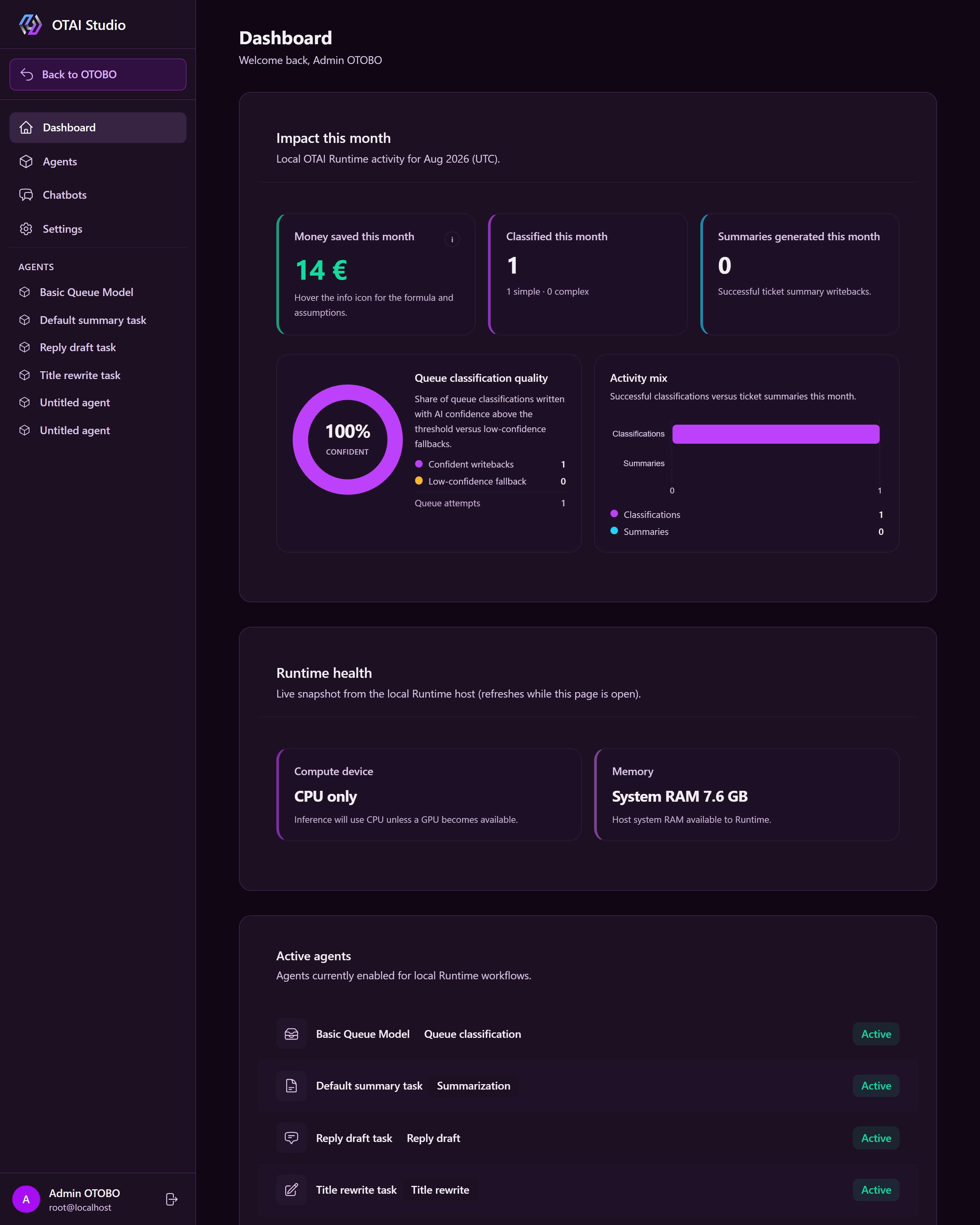 OTAI Studio Dashboard zur Konfiguration von Helpdesk AI