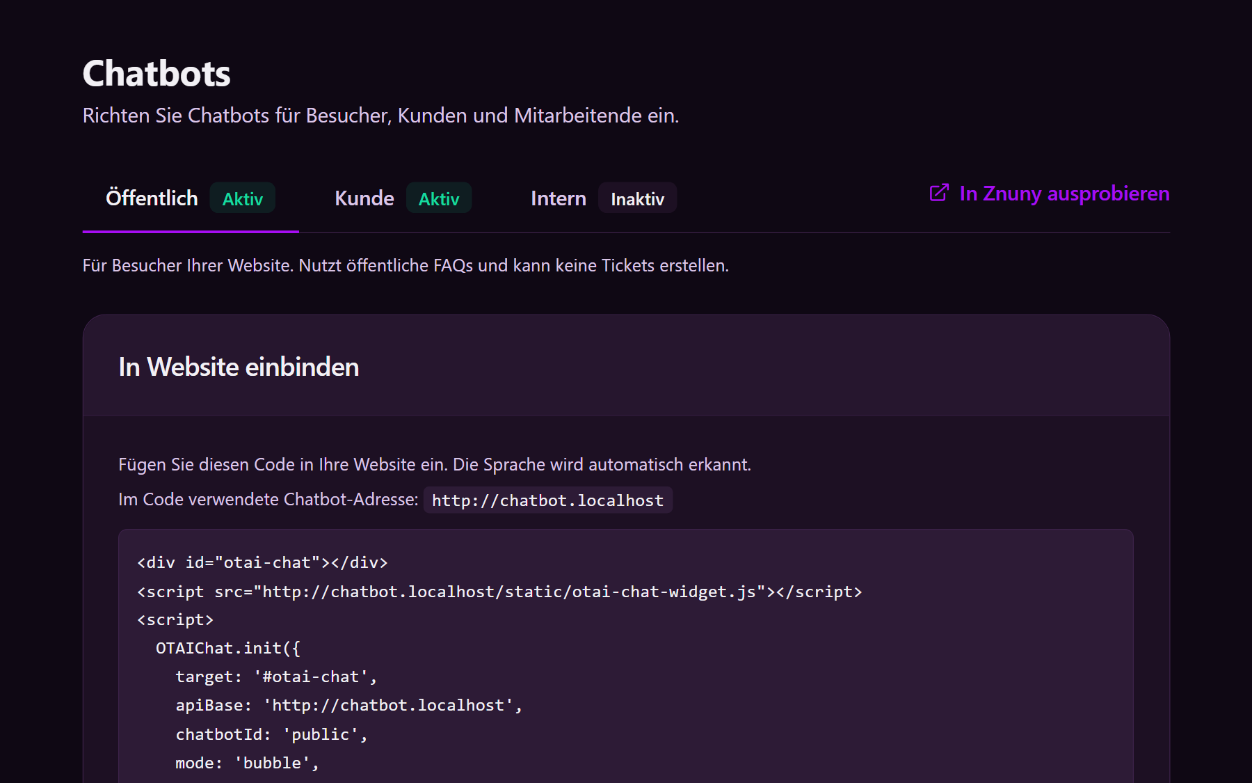 Öffentlicher Chatbot mit dem Code für die Website