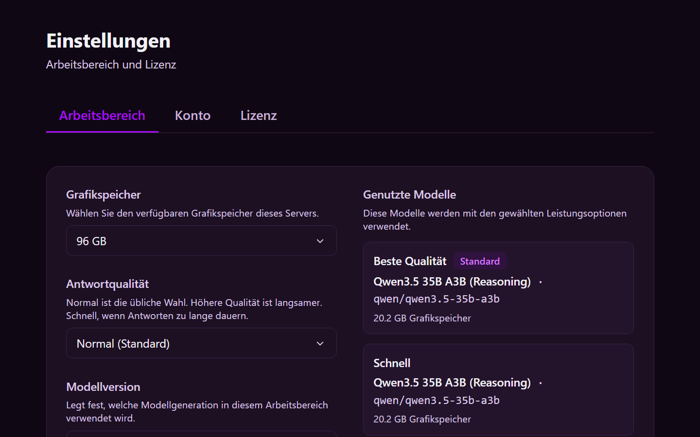 Arbeitsbereich: Grafikspeicher, Antwortqualität und Modellversion