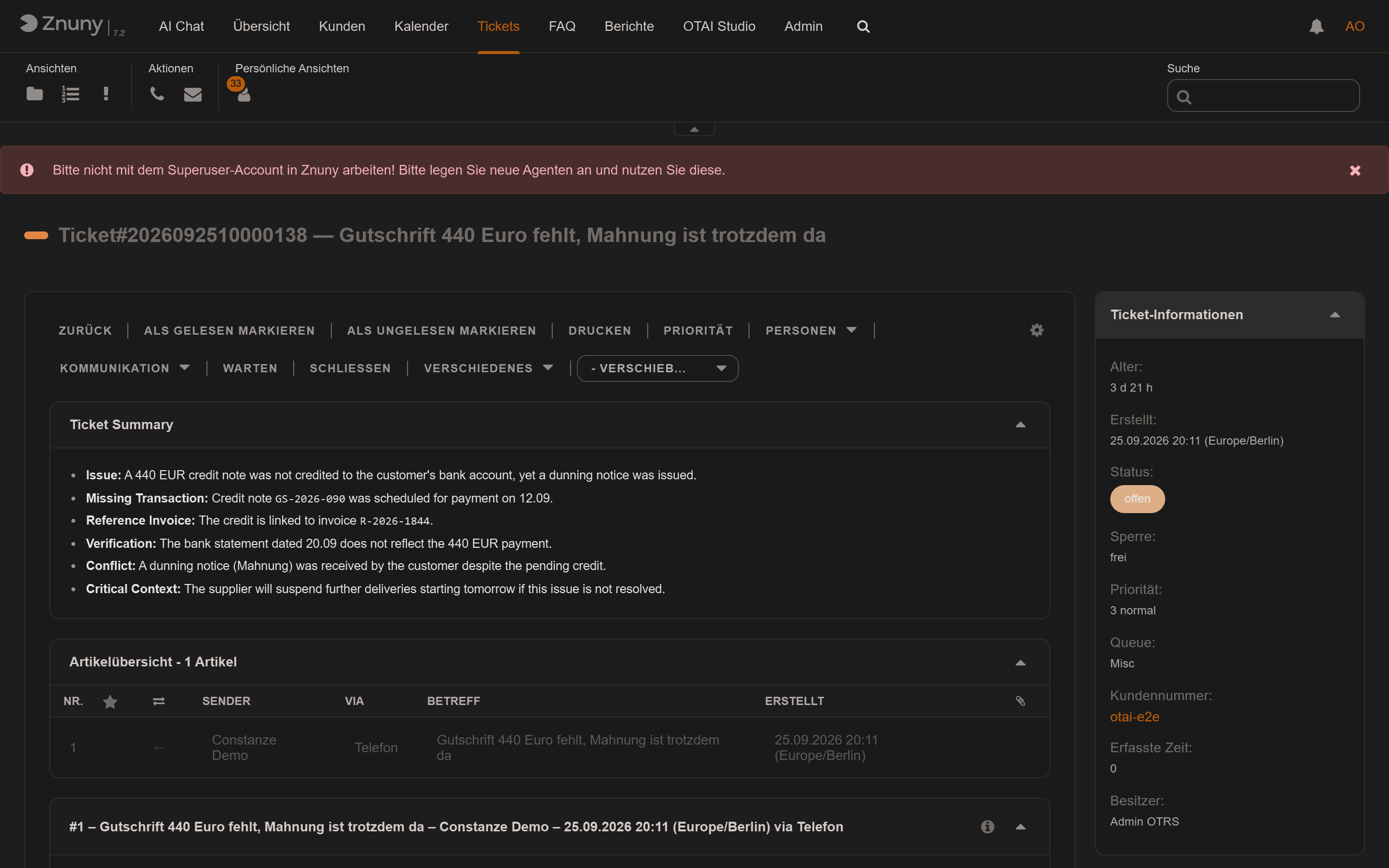Ticket mit Zusammenfassung sowie Queue, Priorität und Status